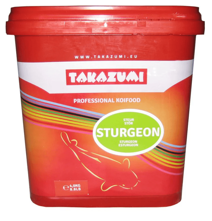 Takazumi Sturgeon Food premium sinking pellets for pond fish in a red container.