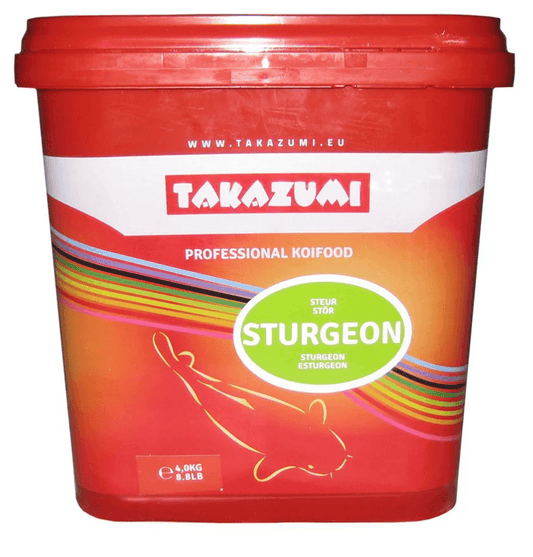 Takazumi Sturgeon Food premium sinking pellets for pond fish in a red container.