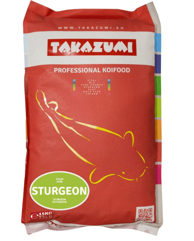 Takazumi Sturgeon Food package, premium sinking pellets for sturgeon and pond fish nutrition.