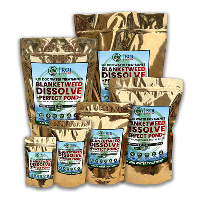 Koi Doc blanketweed pond treatment range showcasing various sizes of dissolve perfect pond water treatments.