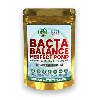 Koi Doc Bacta Balance Perfect Pond water treatment packaging for healthier koi ponds.