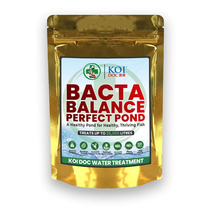 Koi Doc Bacta Balance Perfect Pond water treatment for koi ponds in a gold bag packaging.