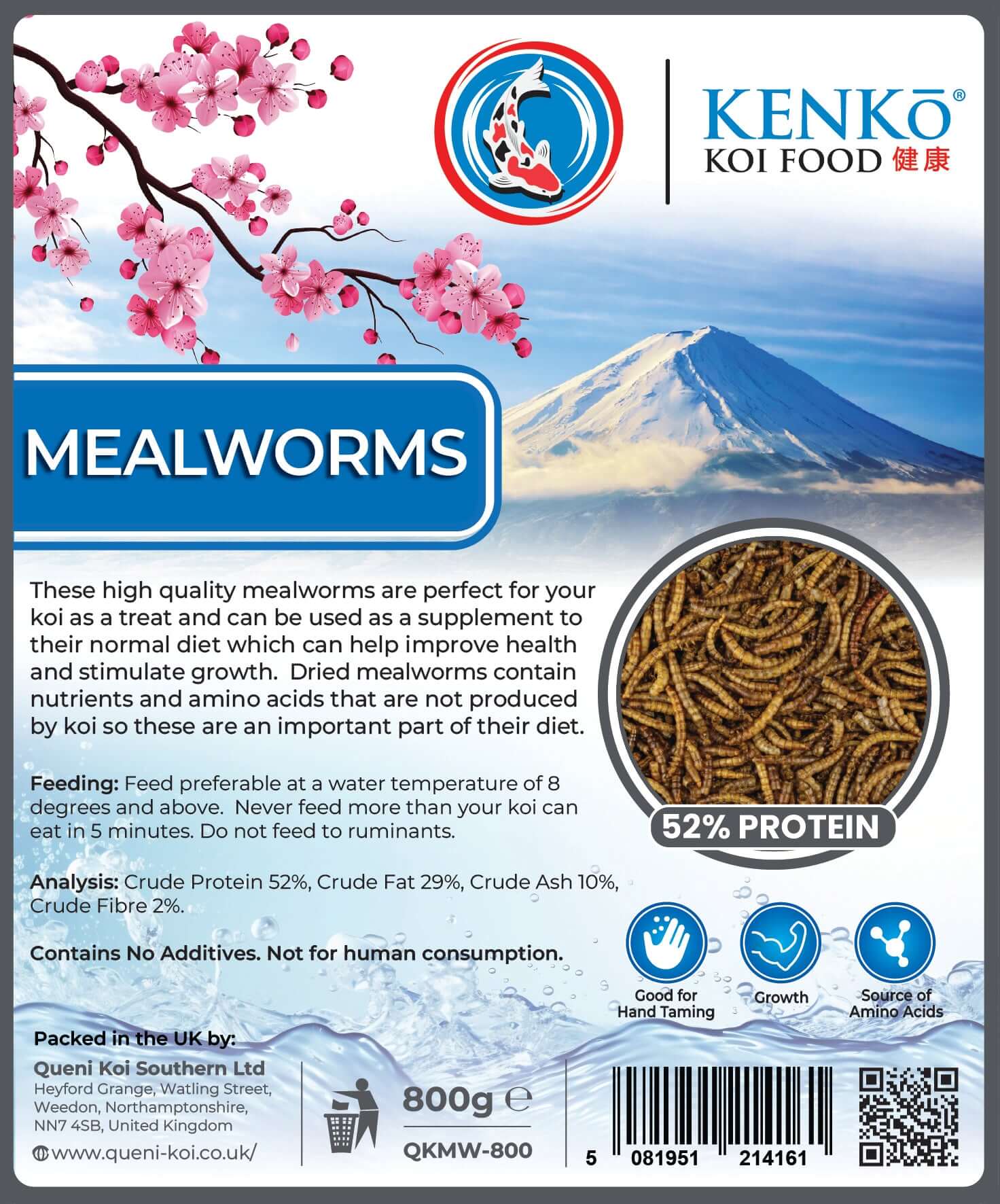 Kenko High Quality Dried Mealworms Koi Treats packaging with nutritional information and Himalayan mountain background.