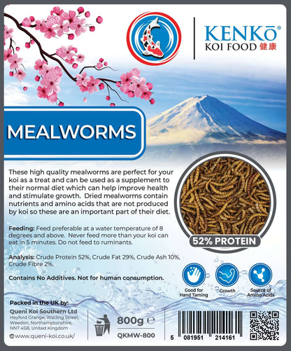 Kenko High Quality Dried Mealworms Koi Treats packaging with nutritional information and Himalayan mountain background.
