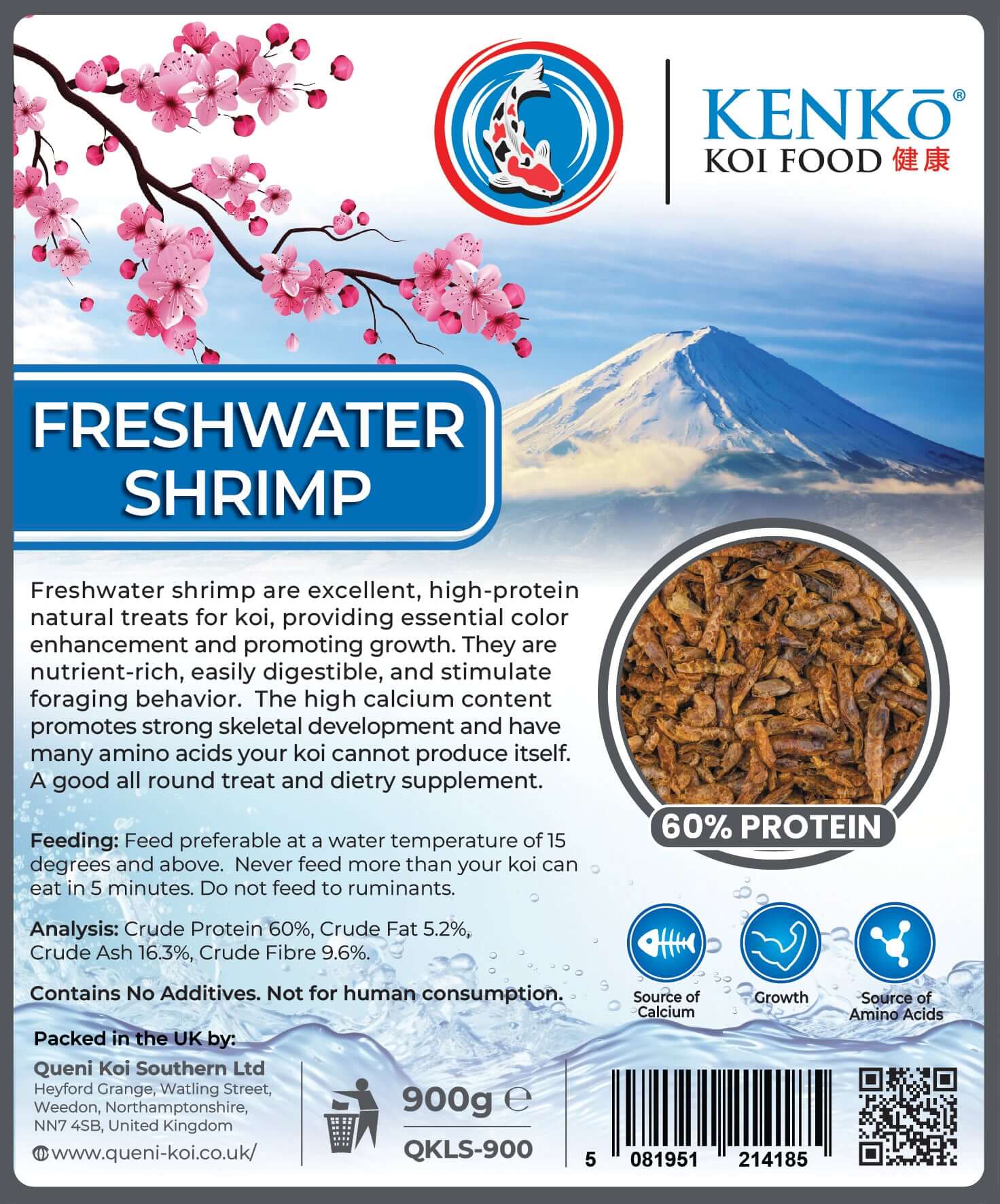 Kenko Freshwater Shrimp Koi Treats premium fish food packaging featuring nutritional information and shrimp.